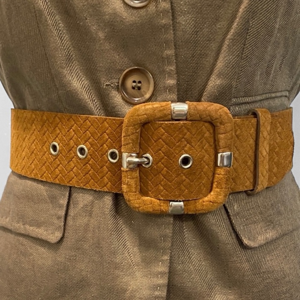 French Connection Brown Suede Belt Wide Textured Buckle Size M